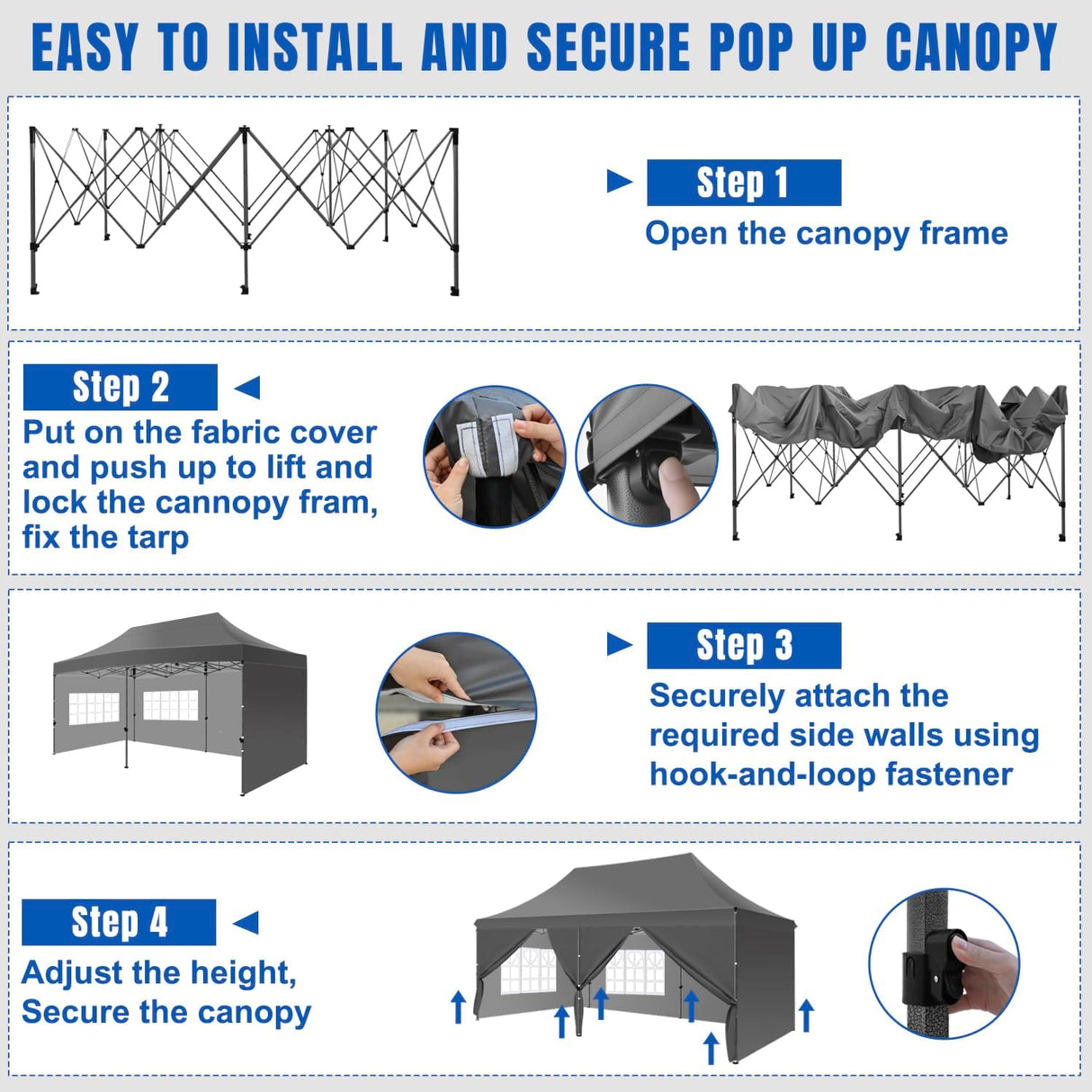 10x20 Pop Up Canopy Tent with Sidewalls Instant Outdoor Canopy, Waterproof & UV Protection, Easy Setup Adjustable Height Heavy Duty Shelter Gazebo Tent for Patio Backyard Party Events, Gray