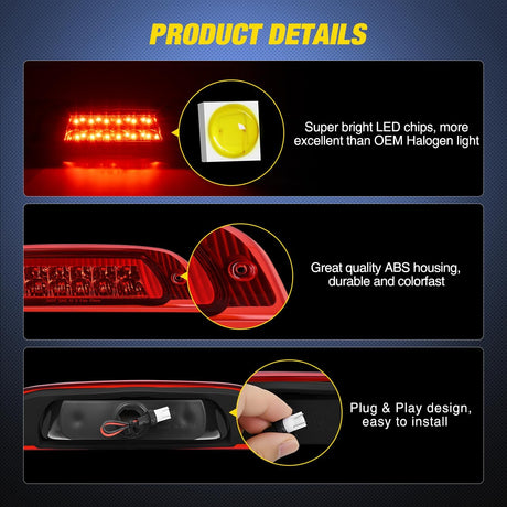 Third Brake Light Tail High Mount 3rd Stop Lights Red Lens Compatible with Jeep Liberty 2002 2003 2004 2005 2006 2007 Van SUV Rear Center Cab Lamp