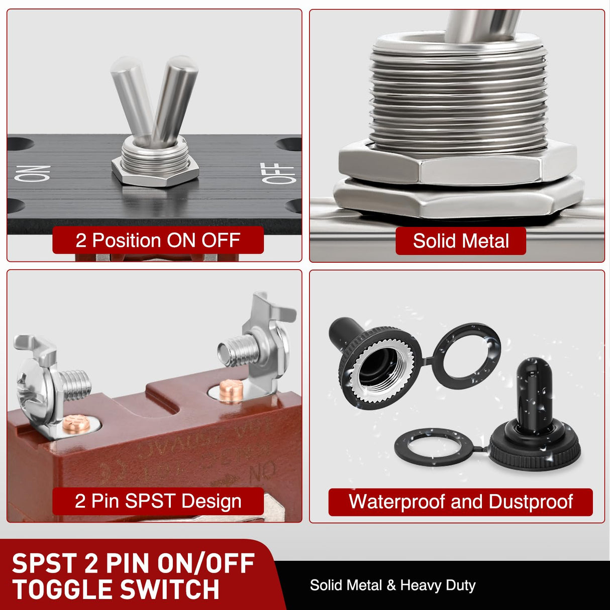 Heavy Duty Toggle Switch Waterproof 2 Pin 2 Position ON Off SPST 12V DC 30A with Mounting Panel and Weatherproof Cap Cover for Auto Car Marine Boat Automotive