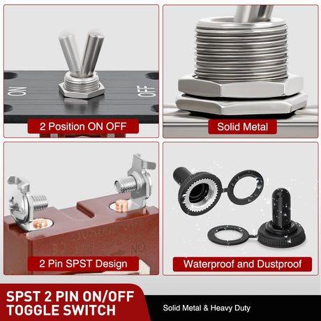 Heavy Duty Toggle Switch Waterproof 2 Pin 2 Position ON Off SPST 12V DC 30A with Mounting Panel and Weatherproof Cap Cover for Auto Car Marine Boat Automotive