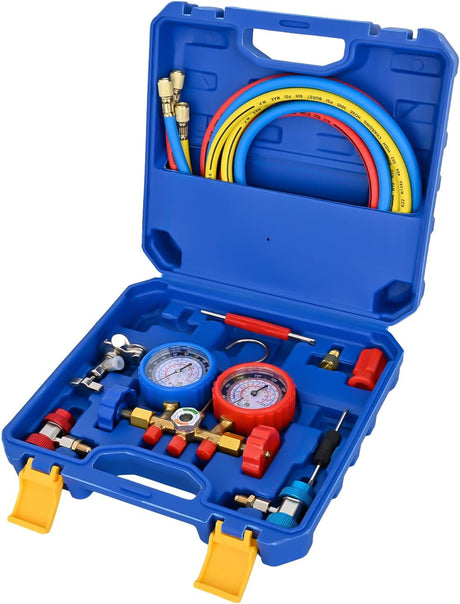 A/C Manifold Gauge Set Fits for R134a R12 R22 R502 3-Way Auto HVAC Diagnostic Gauges Refrigerant Recharge kit with Adjustable Couplers 5FT Hoses Universal Can Tap