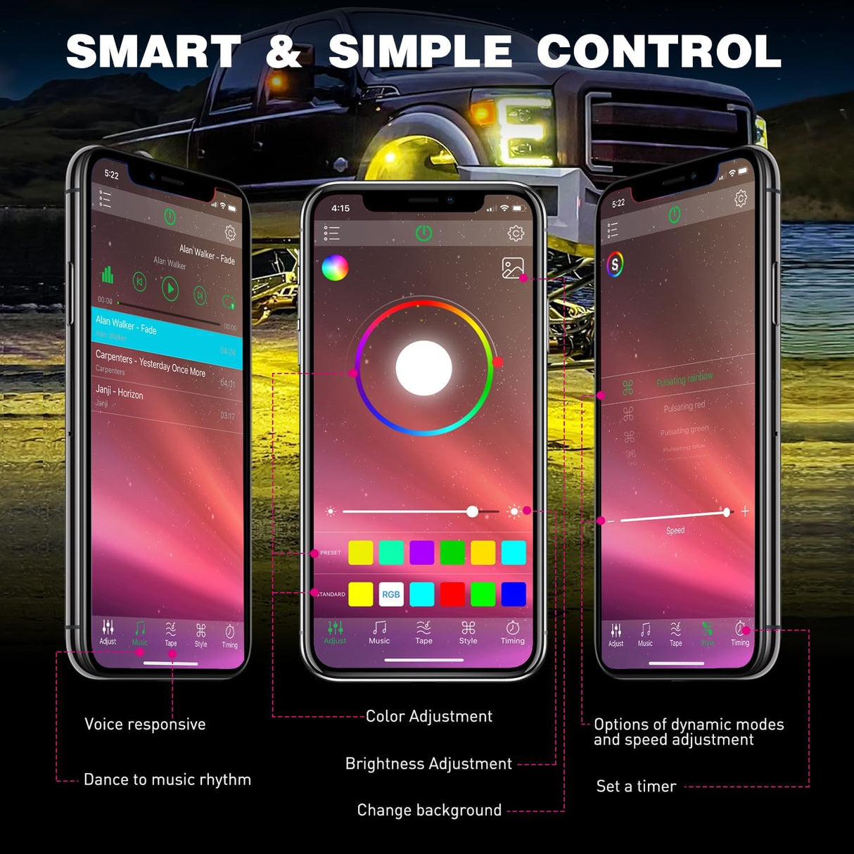 RGB LED Rock Lights Kit 8PCS Bluetooth App Control Multicolor | Magnetic Base Underglow Neon Light Pods IP68 Waterproof Flashing Music Mode for Truck ATV UTV RZR SUV