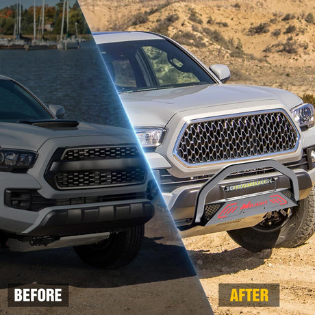 Bull Bar with Light Bar&License Plate Hole Compatible with Toyota Tacoma 2016 2017 2018 2019 2020 2021 2022 2023 Truck Brush Guard, Front Bumper Push Bar w/Grille Skid Plate Light Mount