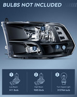 Headlight and Taillight Assembly Combo Compatible with 2009 2010 2011 2012 2013 2014 2015 2016 2017 2018 Dodge Ram for Quad Models Black Housing Clear Reflector with Dark Red Tail Light