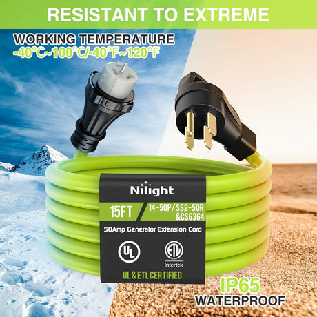 15FT 50 Amp Generator Extension Cord 250V Heavy Duty 6/3+8/1 Gauge Pure Copper STW Wire ETL Listed 4 Prong 14-50P SS2-50R&CS6364 Suit for RV Camper Outdoor Use Bright Green