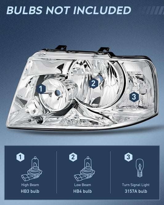 2003-2006 Ford Expedition Headlight Assembly Chrome Housing Clear Reflector Clear Lens Nilight