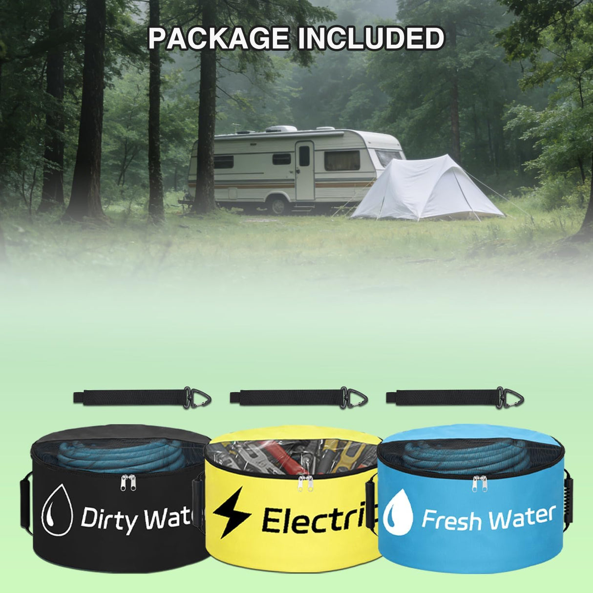 3 Pack RV Hose Storage Bag, Waterproof Utility Bag with Visible Cover & Dual Zipper Closure RV Storage and Organization for Sewer, Fresh Water Hoses Electrical Cords Camper Tools Accessories