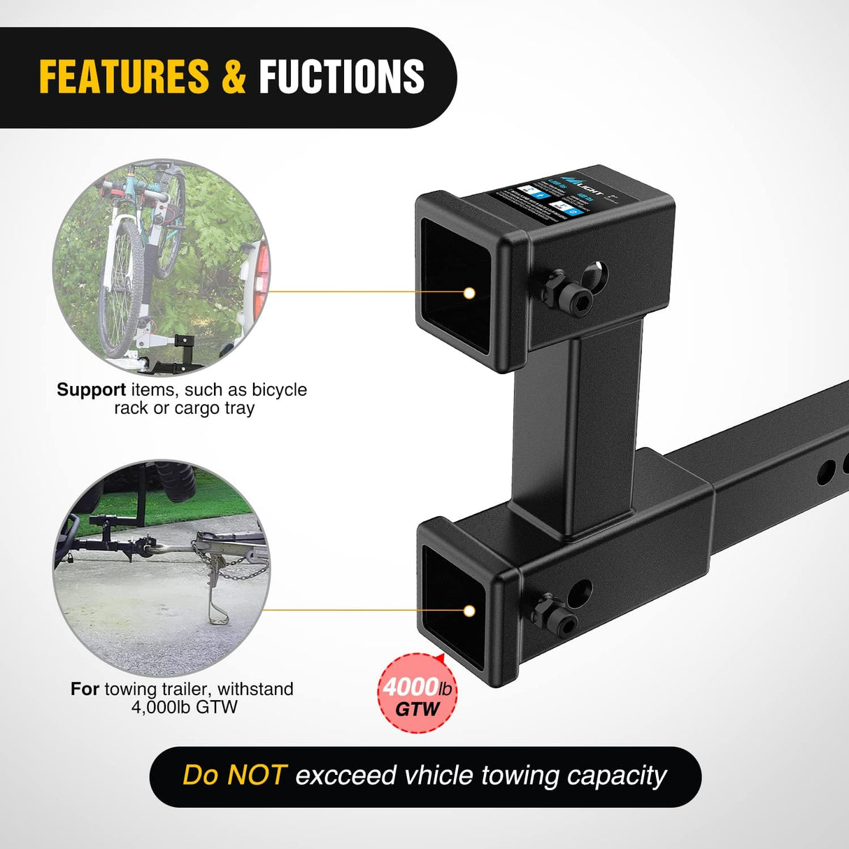 Dual Hitch Extender to 10 Inch Max Extension Length with Hitchs Tightener Anti Rattle for 2 Inch Receiver with 5/8 Inch Bolt Nut Clip Adjust 7-1/2 Inch Riser or Drop 4,000 lbs GTW Matte Black