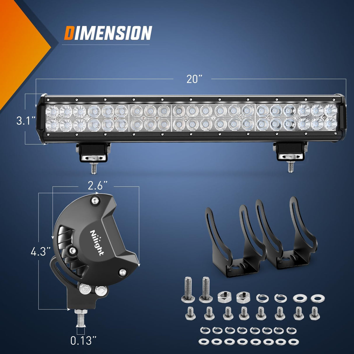 LED Light Bar 20 Inch 126W Spot Flood Combo Blue Beam Off Road Lamp Fishing Hunting Emergency Deck Work Lighting for Trucks UTV Pick-up Van Boat Tractor