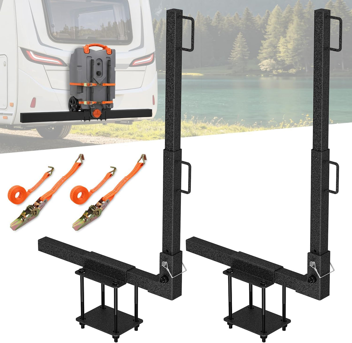 Portable RV Waste Tank Holder 2 Pack, Heavy Duty Adjustable RV Bumper Tote Tank Carrier for 4 Inch-4.5 Inch Square RV Bumpers, with Non-Slip Pads & 2 Ratchet Straps, Black