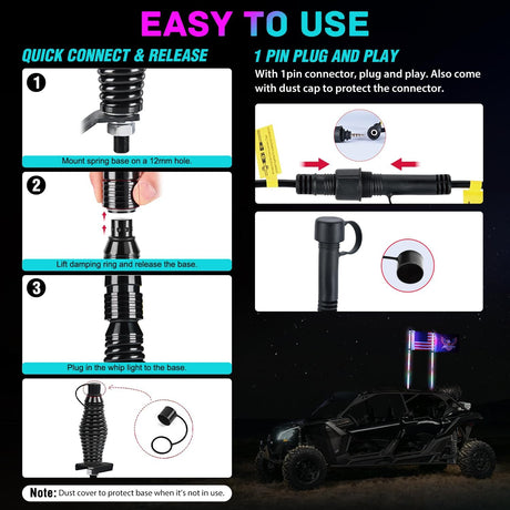 LED Whip Light 1 PC 3FT COB RGB Lighted Antenna Whips with Spring Base Remote & App Control DIY Chasing Patterns for Can-am Offroad ATV UTV RZR Polaris Dune Buggy 4-Wheeler Truck