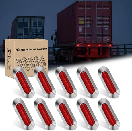 10PCS Red Oval Side Marker Lights 4 LED 3.7 Inch Clearance Lamp IP68 Waterproof DC 12-24V with Chrome Bezel Universal for Car Auto Truck Bus Trailer Boat Deck