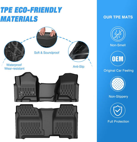 TPE Floor Mats for Chevy Silverado GMC Sierra 1500 Crew Cab 2014-2018, Chevrolet Silverado Sierra 2500HD 3500HD 2015 2016 2017 2018 2019 All Weather Custom Fit Heavy Duty Floor Liners