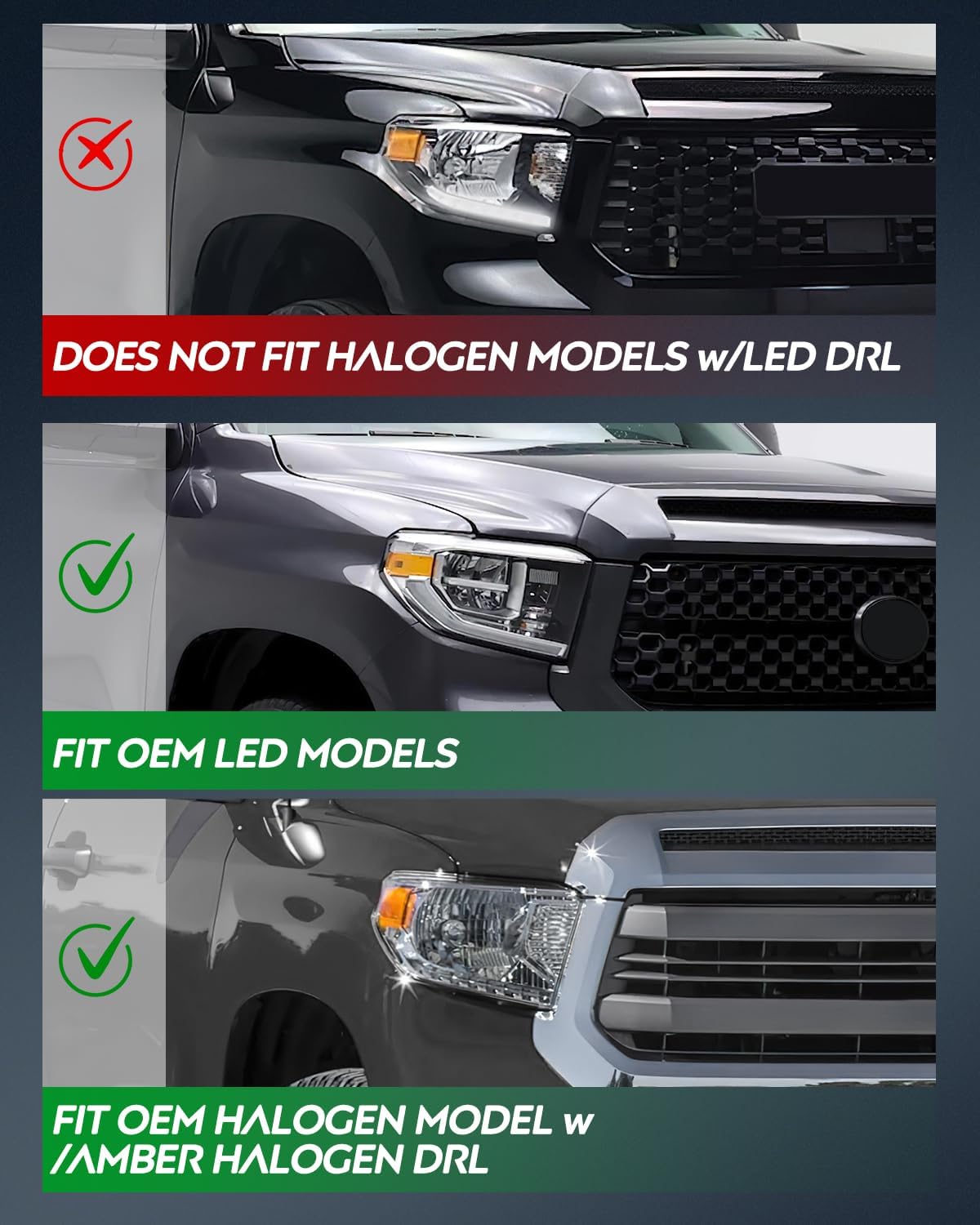 LED DRL Headlight Assembly Compatible with 2014 2015 2016 2017 2018 2019 2020 2021 Toyota Tundra Clean Lens Black Housing Amber Reflector Clear Lens Headlamps Replacement