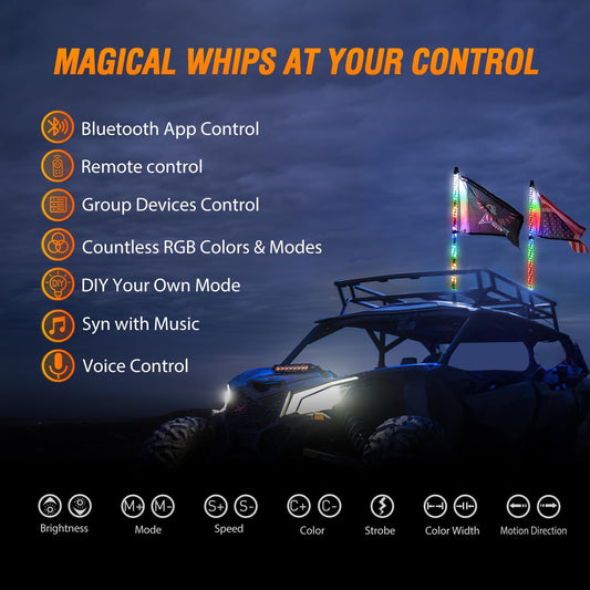 LED Whip Light 2Pcs 2FT Spiral Antenna Bluetooth Remote App Control Led Whip Light | 10FT Wire 5Pin Switch