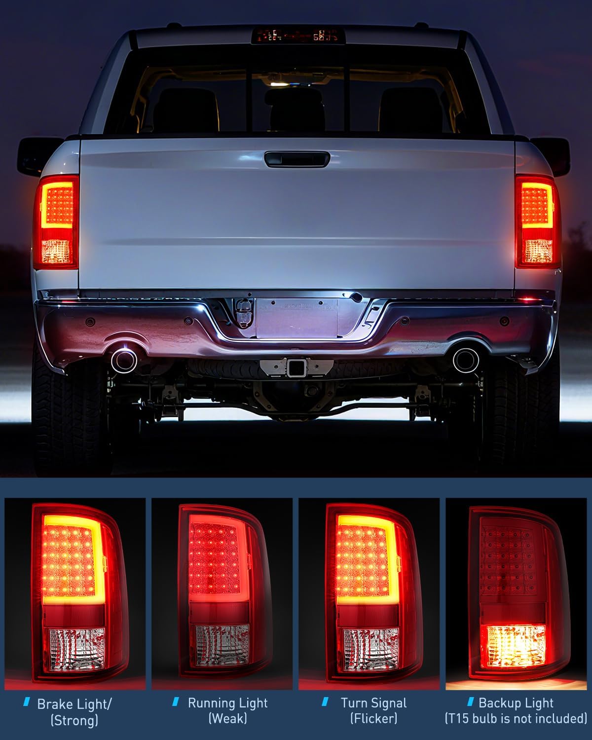 Taillight Assembly Compatible with 2009 2010 2011 2012 2013 2014 2015 2016 2017 2018 Dodge Ram 1500 2010-2018 Ram 2500 3500 Incandescent Type Upgrade LED Tube Tail Lights Rear Brake Lamps