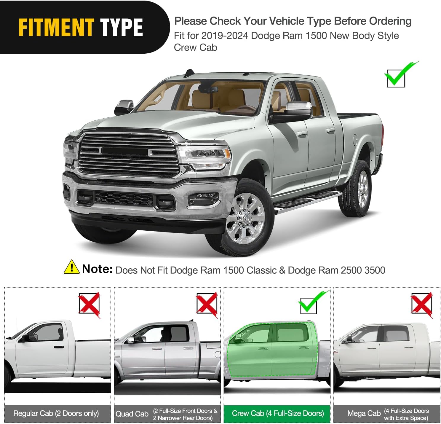 2019-2024 Dodge Ram 1500 New Body Style Crew Cab(Exclude 2019-2024 Classic) 6 Inch Slip-Proof Stainless Steel Side Step Nerf Bars Nilight