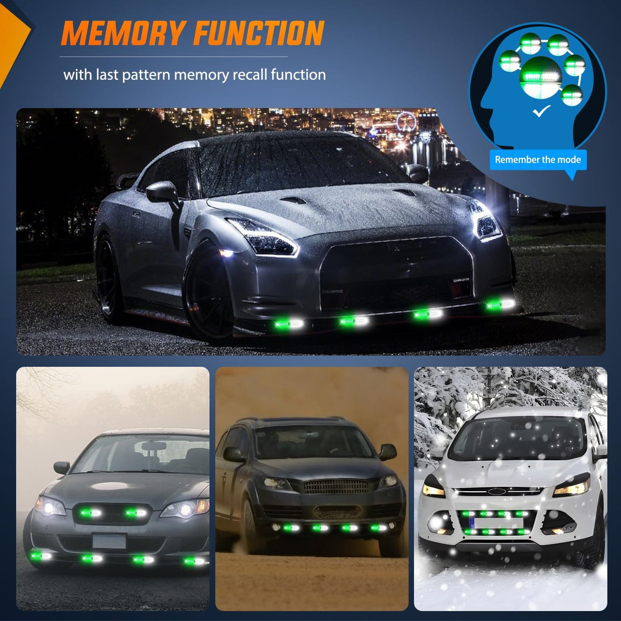 8PCS Led Strobe Lights with Controller 12V 24V Sync Feature Green White Strobe Light 12 LED Surface Mount Emergency Hazard Warning Lights with Strobe Controller for Vehicle Car Truck RV ATV