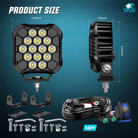 LED Pod Light 2 PCS 4.4 Inch 70 W 14 LED Square Hyper Spot Beam Offroad Driving Lights w/14 AWG Rocker Switch Wiring Harness Kit for Truck Motorbike Boat ATV UTV