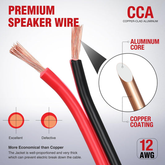 12AWG 100FT Copper Clad Aluminum Wire 12/2 Gauge Red Black CCA Electrical Cable 2 Conductor Parallel 12V/24V DC Flexible Extension Cords Nilight