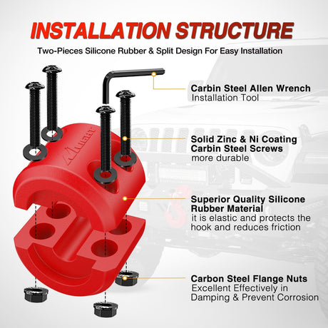 Winch Stopper for ATV UTV Truck SUV Winch Cable Hook Rubber Stopper 2 Pack Protect Towing Hook Synthetic Rope Winch Accessories Rope Line Saver with Stainless Steel Screws Allen Wrenc, Red