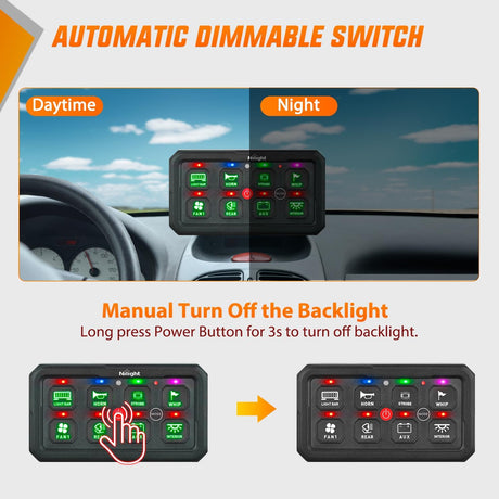 8 Gang Switch Panel Green Circuit Control Relay System with Fuse Wiring Harness Toggle Momentary Strobe Flash Modes Automatic Dimmable ON Off Pod 12V 24V for Car Truck Camper SUV