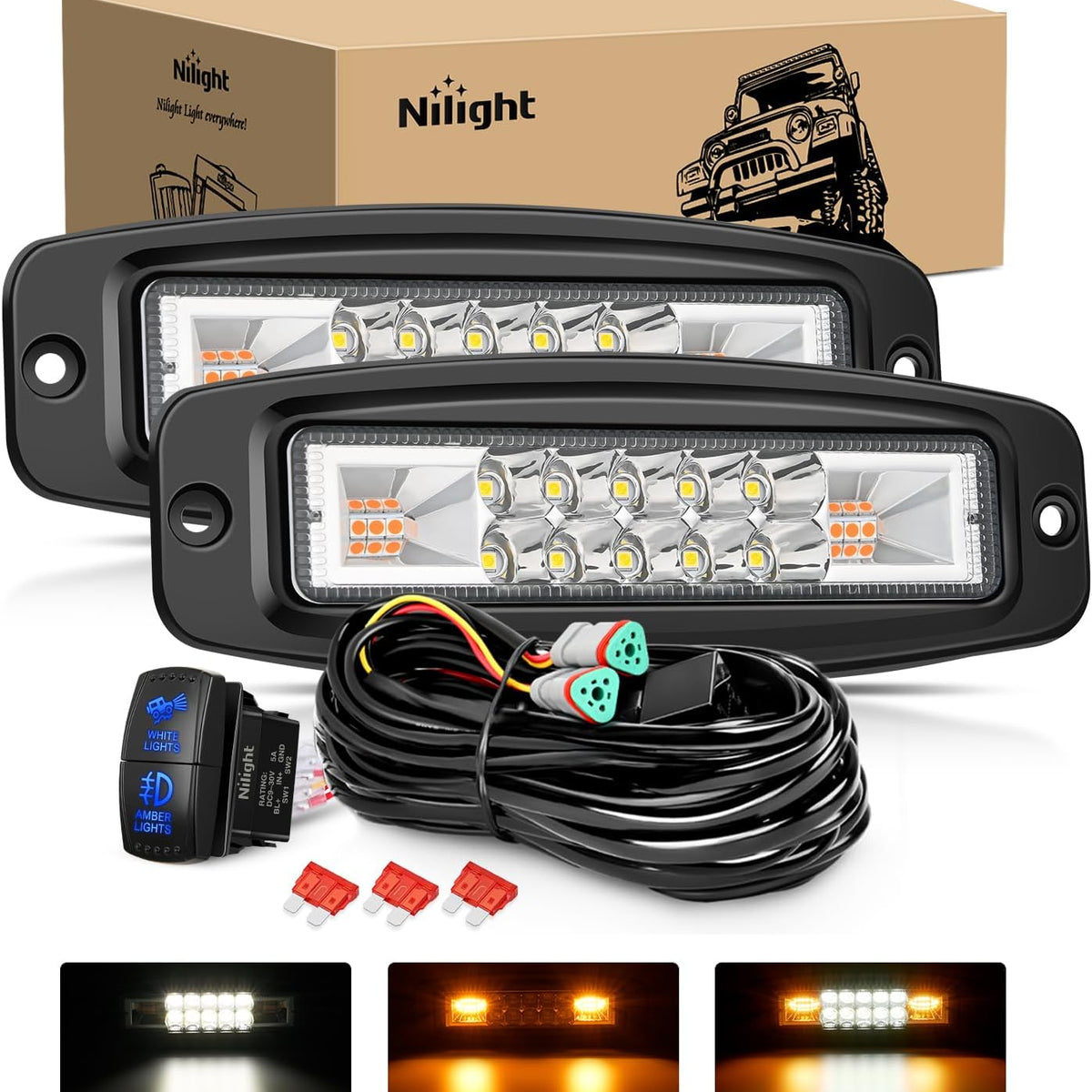 Flush Mount LED Light Pods 2PCS 6 Inch 60W Amber White 3 Lighting Modes ...