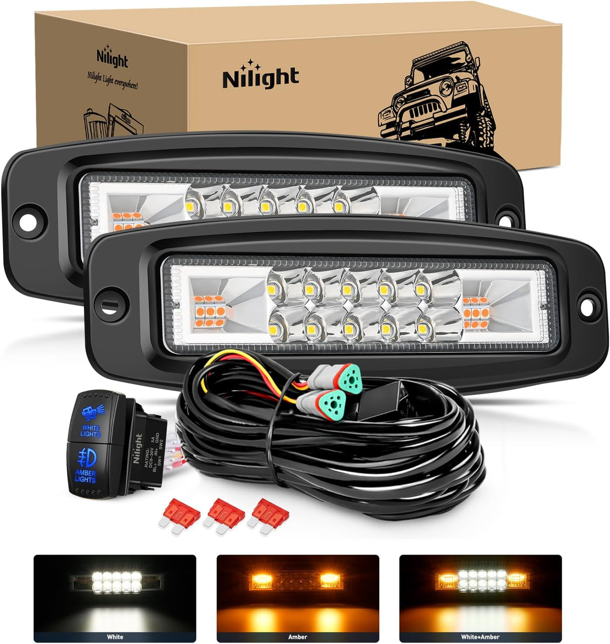 Flush Mount LED Light Pods 2PCS 6 Inch 60W Amber White 3 Lighting Modes Fog Lights Spot Flood Beam with Dual Control 18AWG Wiring Harness for Truck Pickup Golf Cart UTV ATV SUV Boat 4x4 Car