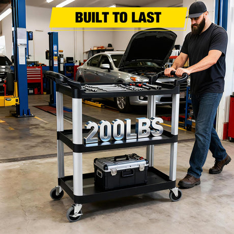 3-Tier Utility Plastic Cart with Steel Frame - 220 lbs Capacity Rolling Service Cart with Locking Wheels - Professional Bus Cart