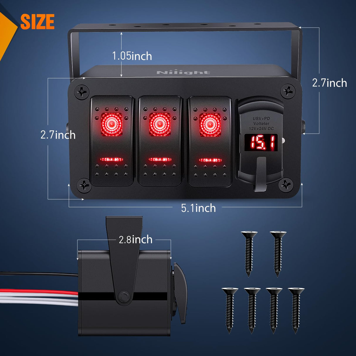 3 Gang Rocker Switch Box 12V SPST ON Off Toggle Switches PD Type C and QC 3.0 USB Charger Voltmeter LED Light Waterproof Aluminum Mount Bracket Panel DIY Stickers for Boat Car RV Truck