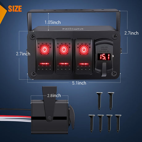 3 Gang Rocker Switch Box 12V SPST ON Off Toggle Switches PD Type C and QC 3.0 USB Charger Voltmeter LED Light Waterproof Aluminum Mount Bracket Panel DIY Stickers for Boat Car RV Truck