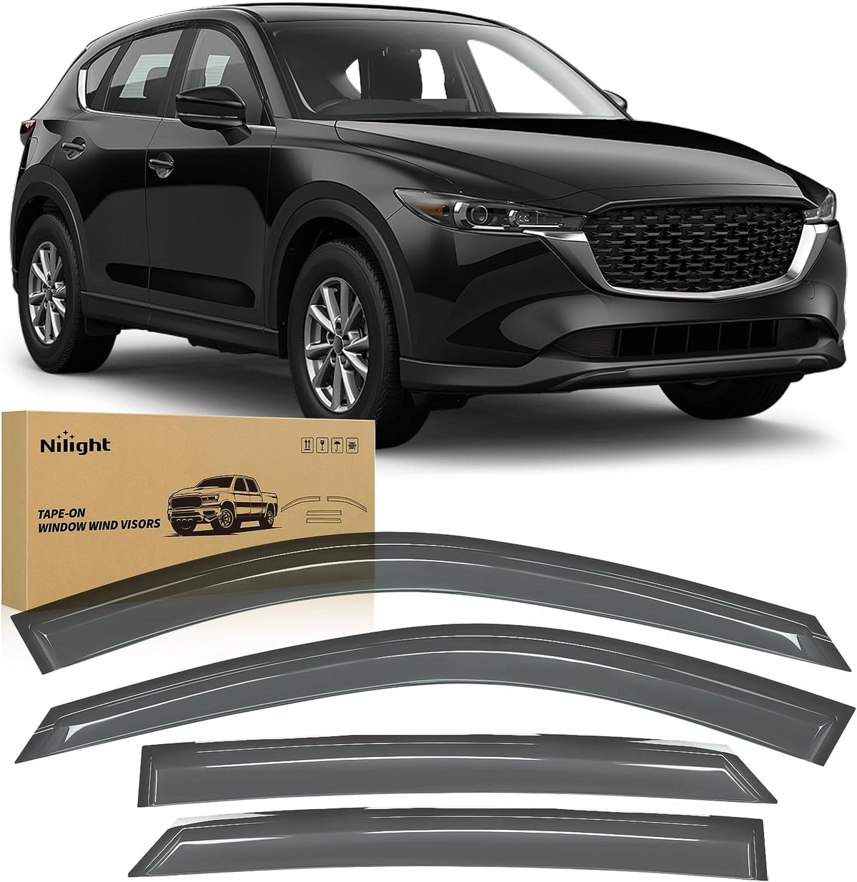 Rain Guards for Mazda CX5 2017-2019 2020 2021 2022 2023 2024 2025 | Tape-On Window Visors Outside Mount Vent Visors Window Deflectors Fresh Air Ventilation Smoke Tint, 4PCS
