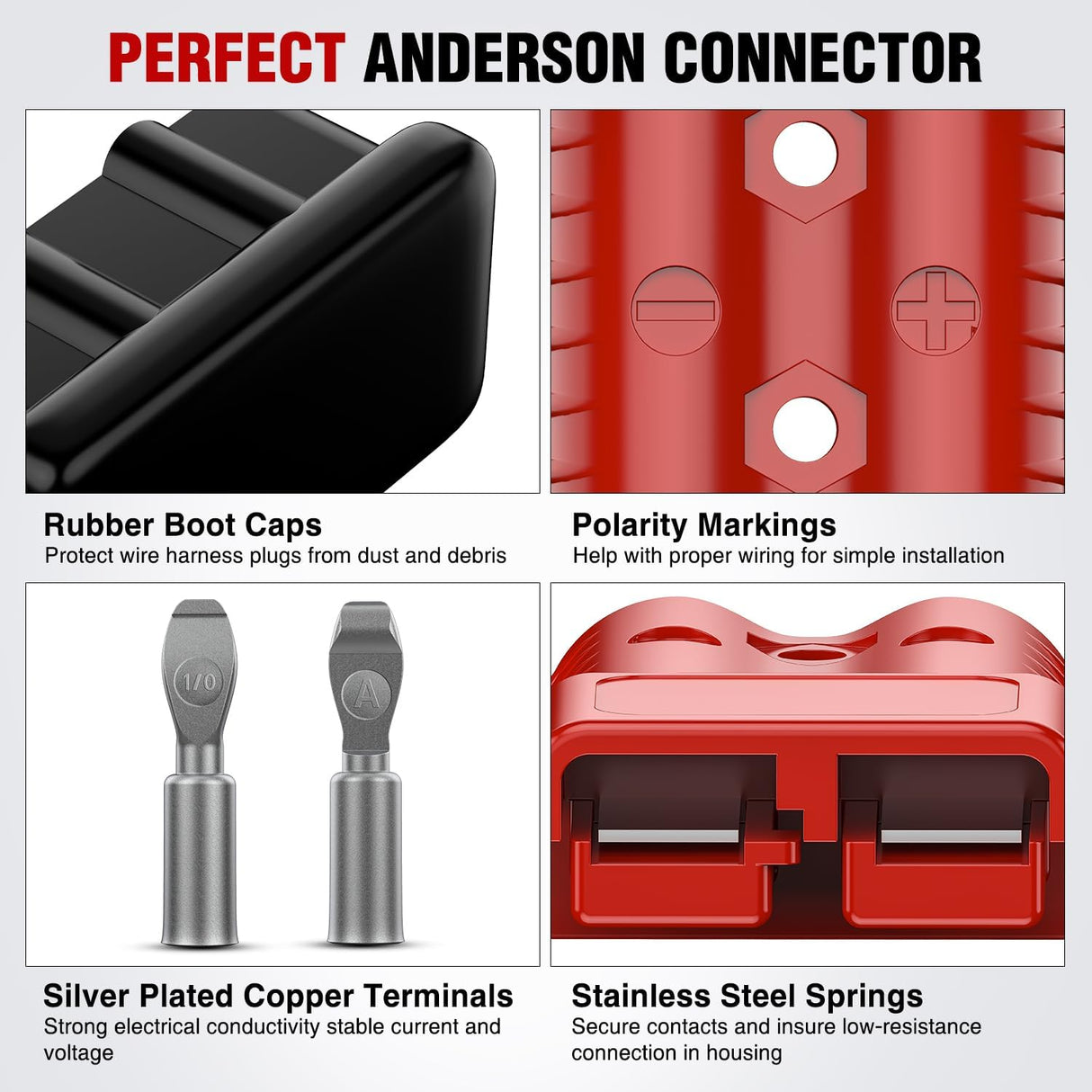 Anderson Connector 175AMP 1/0AWG Anderson Plug 12V-36V Battery Quick Connect/Disconnect Wire Harness Plugs Connectors Kit for 1/0 Gauge Cables Car ATV Trailer Towing Winch Motor, 2 Pack Red