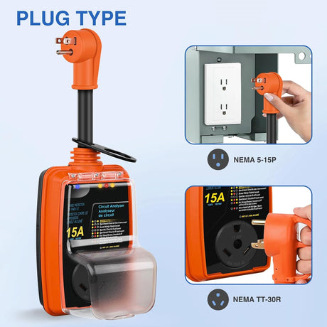 15 to 30 Amp RV Surge Protector Power Adapter 2100 Joules Voltage Monitor 5-15P to TT-30R Converter 125V/1875W Waterproof Circuit Analyzer with Extension Cord for Camper Travel Trailer