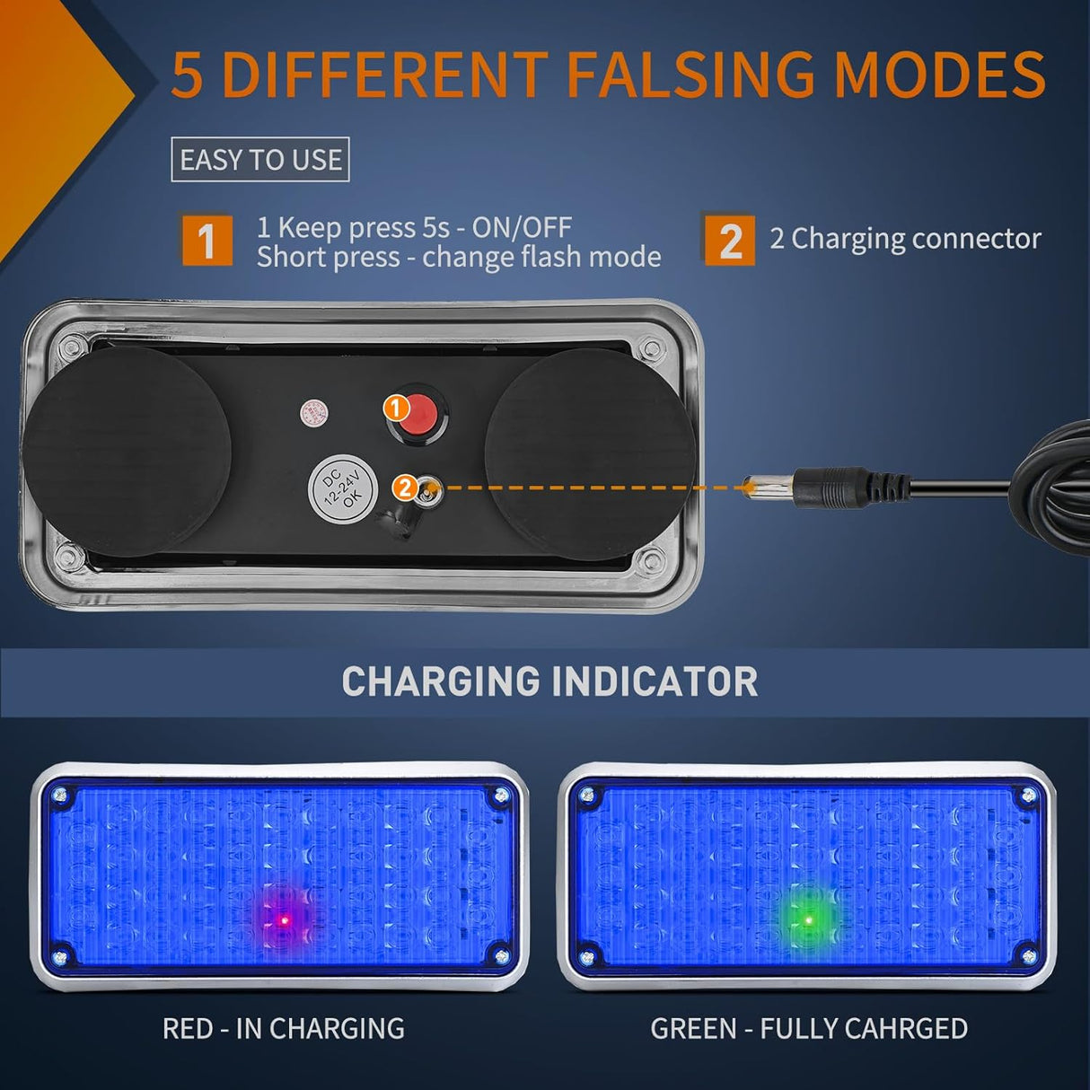 2PCS Blue Strobe Wireless Magnetic Lights Portable Warning Hazard Light Surface Mount Waterproof 5 Patterns for 12V 24V Off Road Eergency Vehicles
