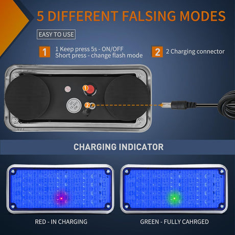 2PCS Blue Strobe Wireless Magnetic Lights Portable Warning Hazard Light Surface Mount Waterproof 5 Patterns for 12V 24V Off Road Eergency Vehicles
