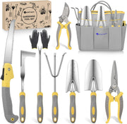 Gardening Tools 10-Piece Heavy Duty Garden Tool Set Gardening Supplies Gifts for Women Men Gardening Hand Tool Kit w Non-Slip Ergonomic Handle, Garden Bag, Durable Gloves, Pruning Shears, Gray