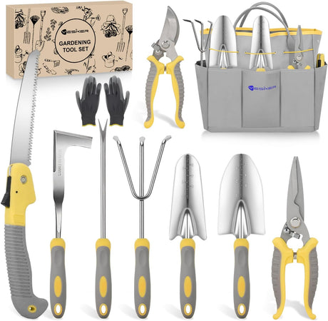 Gardening Tools 10-Piece Heavy Duty Garden Tool Set Gardening Supplies Gifts for Women Men Gardening Hand Tool Kit w Non-Slip Ergonomic Handle, Garden Bag, Durable Gloves, Pruning Shears, Gray