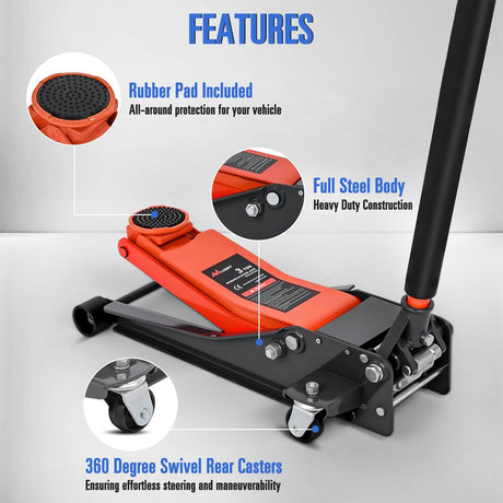 3 Ton Floor Jack, Low Profile Car Hydraulic Jack with Dual Pistons Quick Lift, 2.95 Inch-19.88 Inch Lifting Range