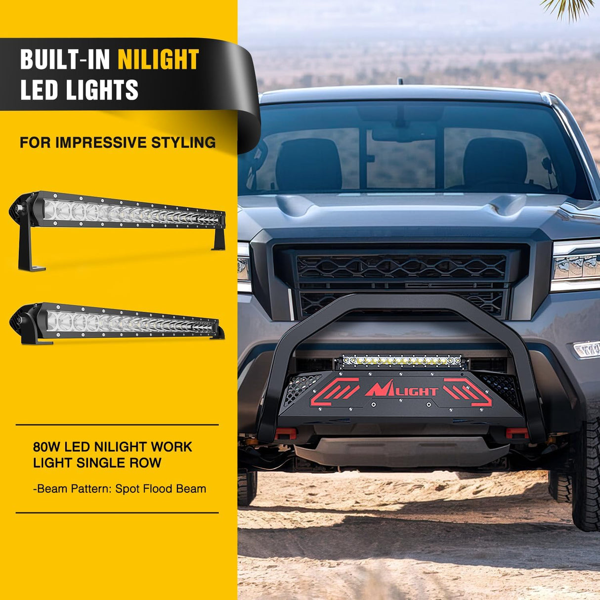 Bull Bar with Light Compatible with Nissan Frontier 2005-2021 (Tow Hooks Must be Removed) Front Bumper Grille Brush Push Guard with Skid Plate Licence Hole Black
