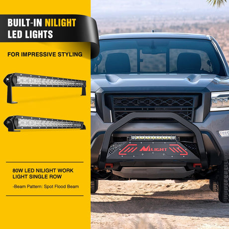 Bull Bar with Light Compatible with Nissan Frontier 2005-2021 (Tow Hooks Must be Removed) Front Bumper Grille Brush Push Guard with Skid Plate Licence Hole Black