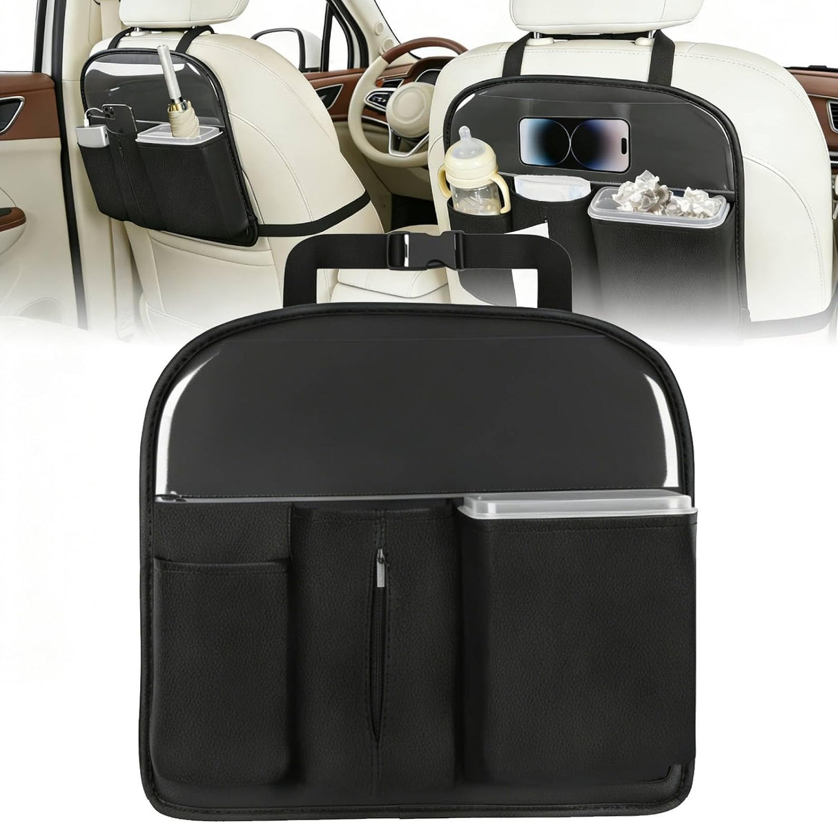 Car Seat Back Organizer 1PC Black PU Leather Universal | Removable Inner Bucket Tissue Box Mesh Pockets Waterproof Hanging Storage Bag for Cars Vans SUVs MPVs Pickup Trucks