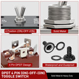 Reverse Polarity Toggle Switch Heavy Duty Momentary Waterproof 4 Pin 3 Position (ON)-Off-(ON) DPDT 12V DC 30A with Up-Down Mounting Panel and Weatherproof Cap for Marine Boat Automotive