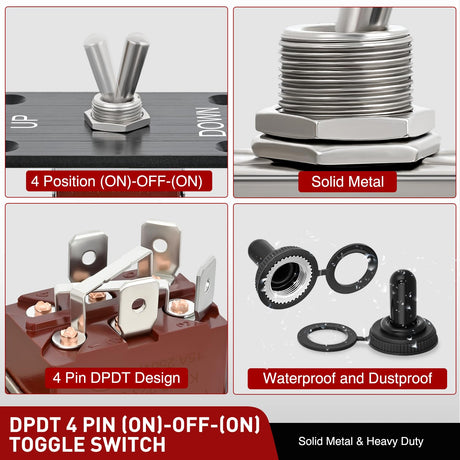 Reverse Polarity Toggle Switch Heavy Duty Momentary Waterproof 4 Pin 3 Position (ON)-Off-(ON) DPDT 12V DC 30A with Up-Down Mounting Panel and Weatherproof Cap for Marine Boat Automotive