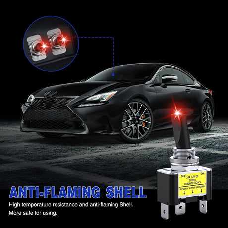 2PCS Red LED Toggle Switch 12V DC 30A 3 Pin On Off 2 Position Heavy Duty Rocker Switch with 14AWG Wire for Automotive Cars Trucks Boats Racing Cars Auto Boat