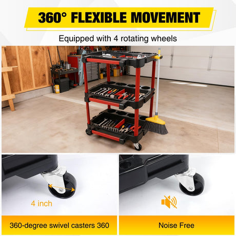 3-Tier Car Detailing Cart with Polisher Brackets - Rolling Utility Plastic Cart with Organizer & Hooks - Heavy Duty Mobile Tool Station