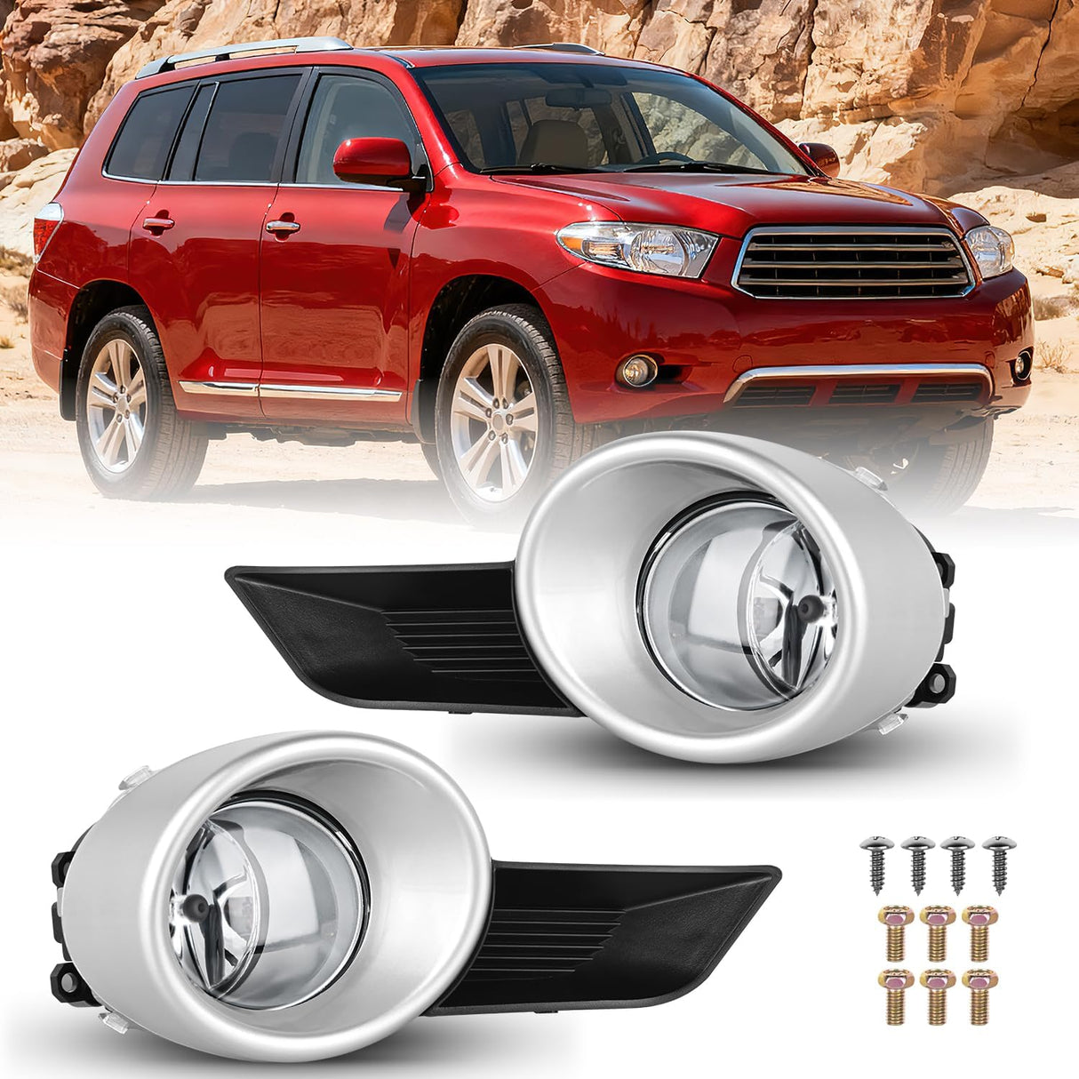 Fog Lights Assembly Compatible with 2008 2009 2010 2011 Toyota Highlander Left Driver and Right Passenger Side Clear Lens w/H11 12V 55W Bulbs