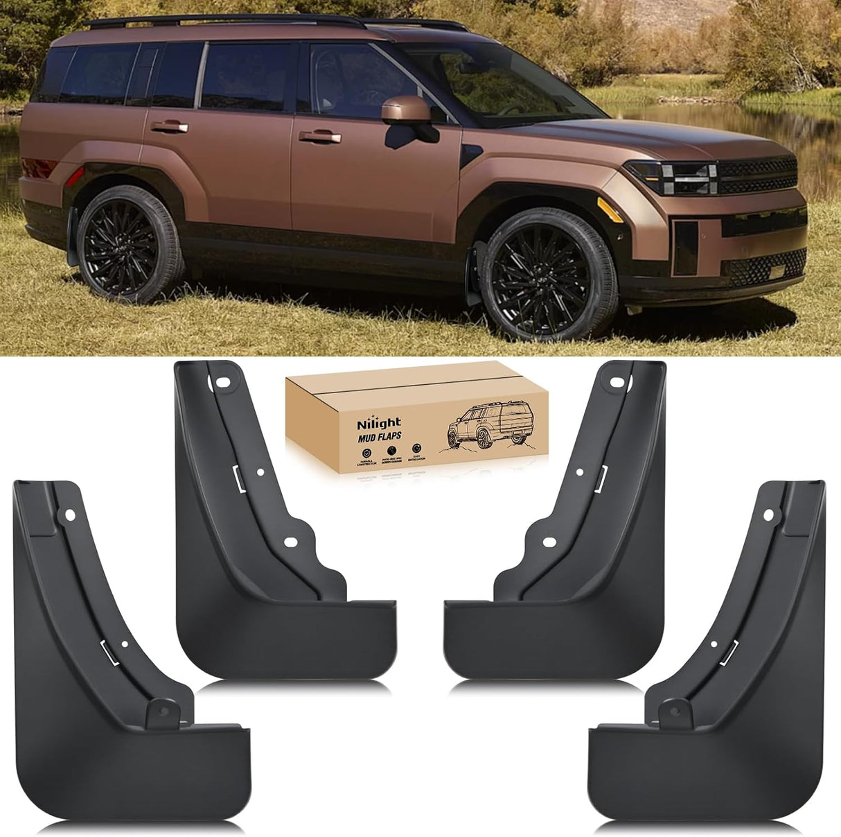 Fender Mud Flaps for Hyundai Santa Fe 2024 2025, No Drilling Precision Fit Exterior Accessories Heavy-Duty Splash Guards Protection, Front & Rear Set