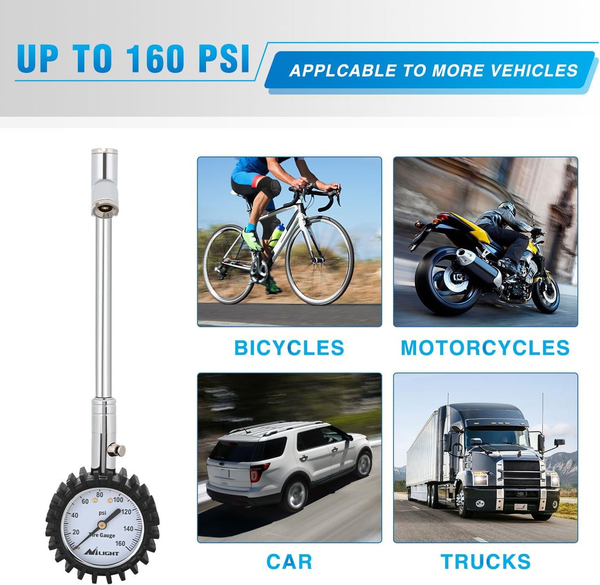 Tire Pressure Gauge 160PSI Heavy Duty Stainless Steel Dual Head Air Pressure Chucks ANSI B40.1 Certified Large 2 Inch Dial Wheel Checker for Truck Semi Truck ATV Motorhome Cars & RV Accessories