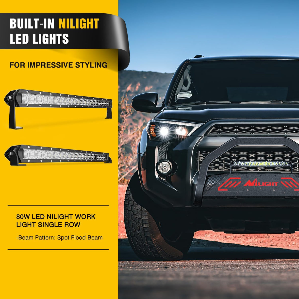 Bull Bar with Light Bar&License Plate Hole Compatible with Toyota 4Runner 2010-2024 Truck Brush Guard, Front Bumper Push Bar w/Grille Skid Plate Light Mount